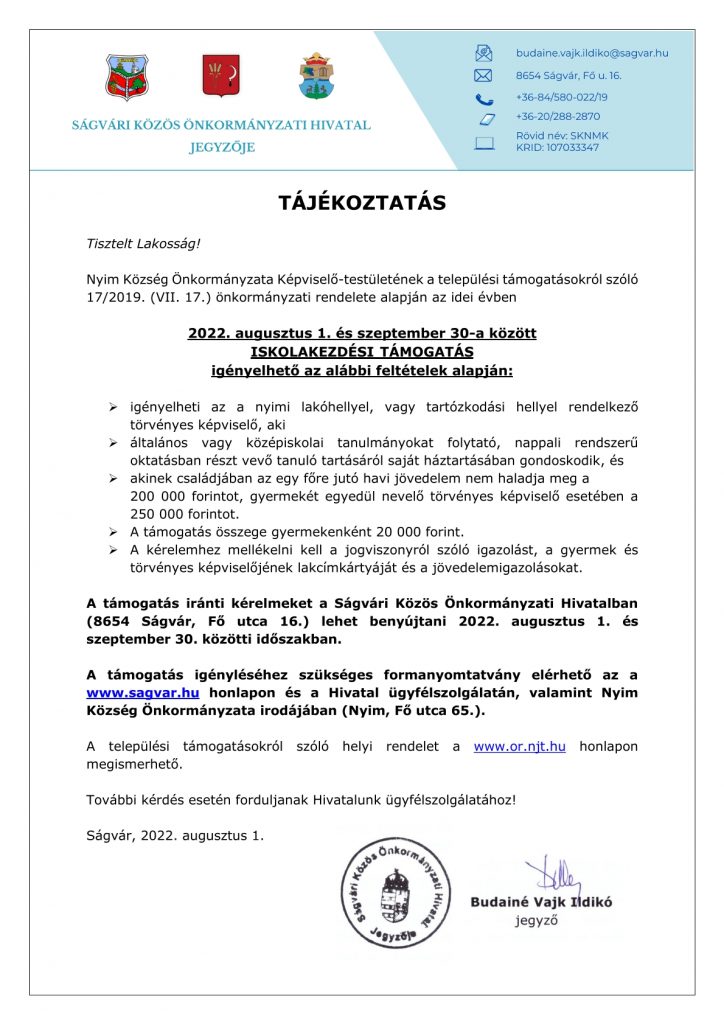 Tájékoztatás_IskolakezdésiTámogatás_Nyim