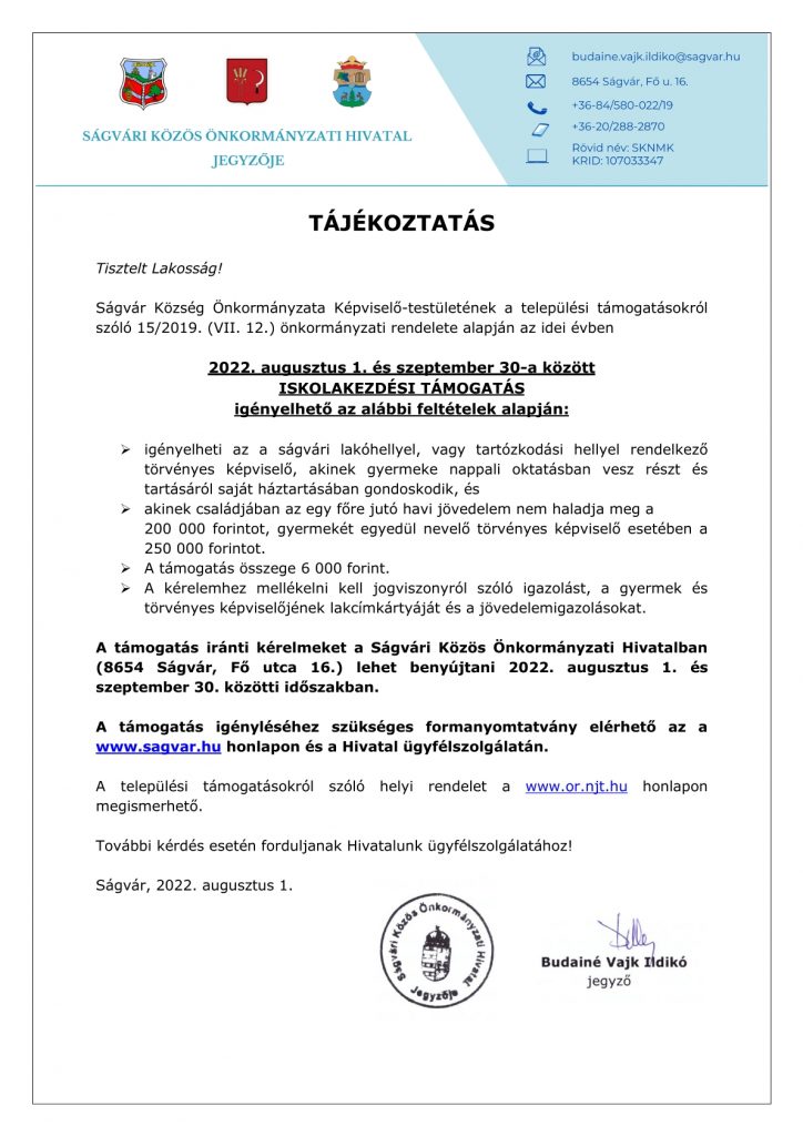 Tájékoztatás_IskolakezdésiTámogatás_Ságvár